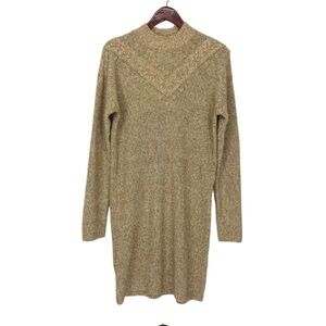Loft Tan Mock Neck Bobble Long Sleeve Sweater Dress Wool Blend Mini Dress Medium